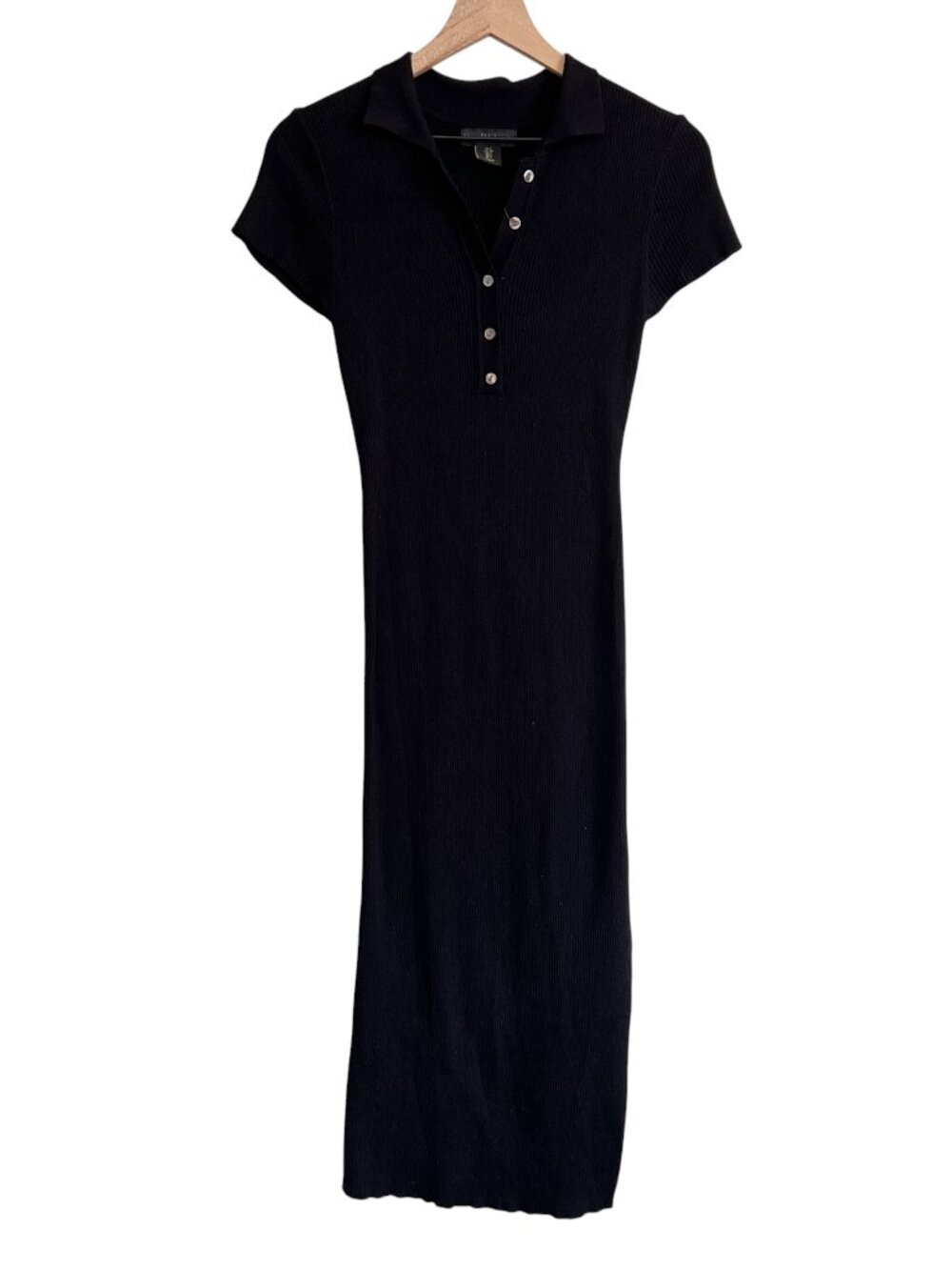 House Of Harlow 1960 Black Ribbed Knit Short Sleeve Polo Midi Dress